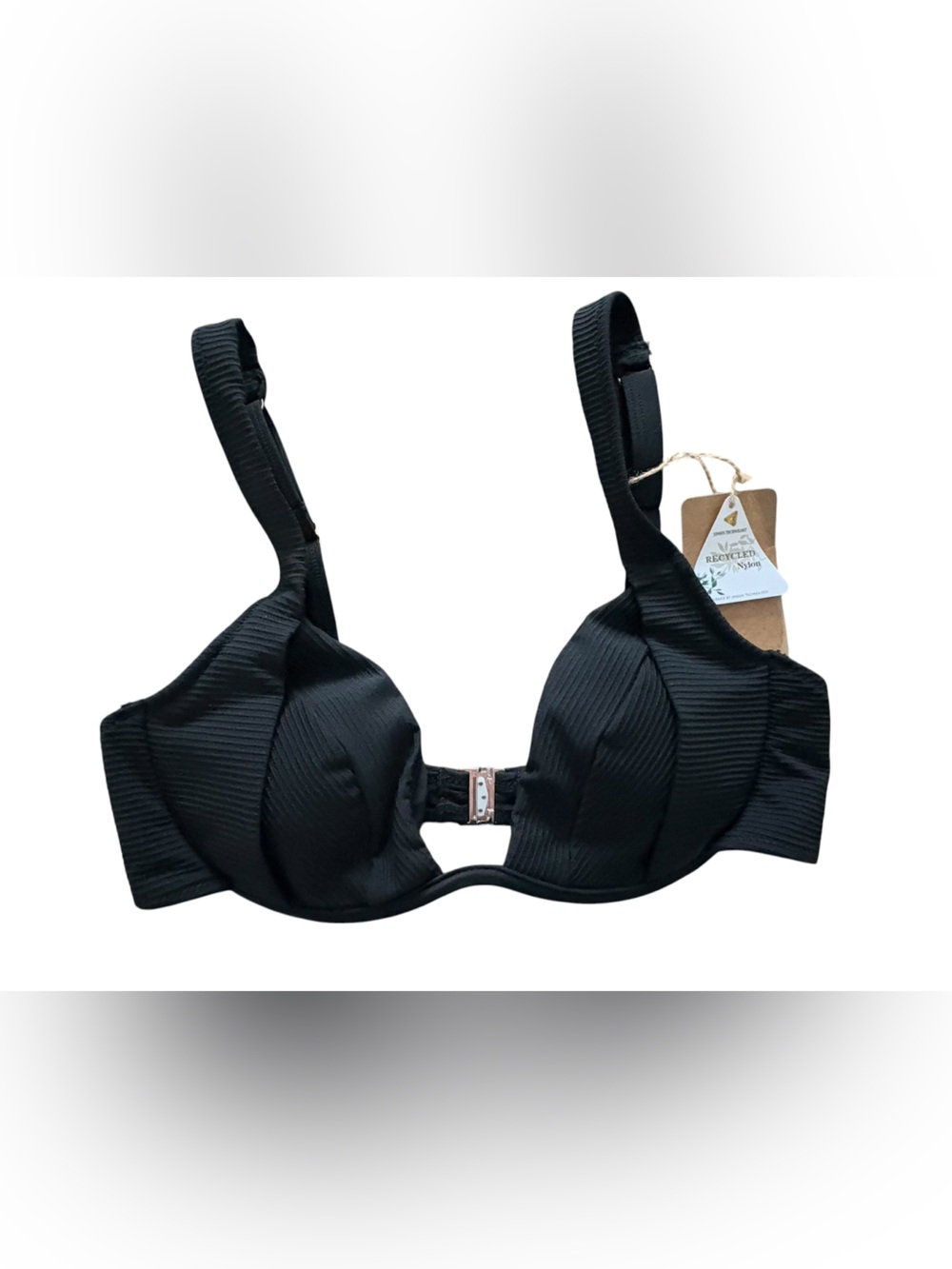 Ribbed Black Underwire Bikini Top with Front Clasp - Unknown Brand